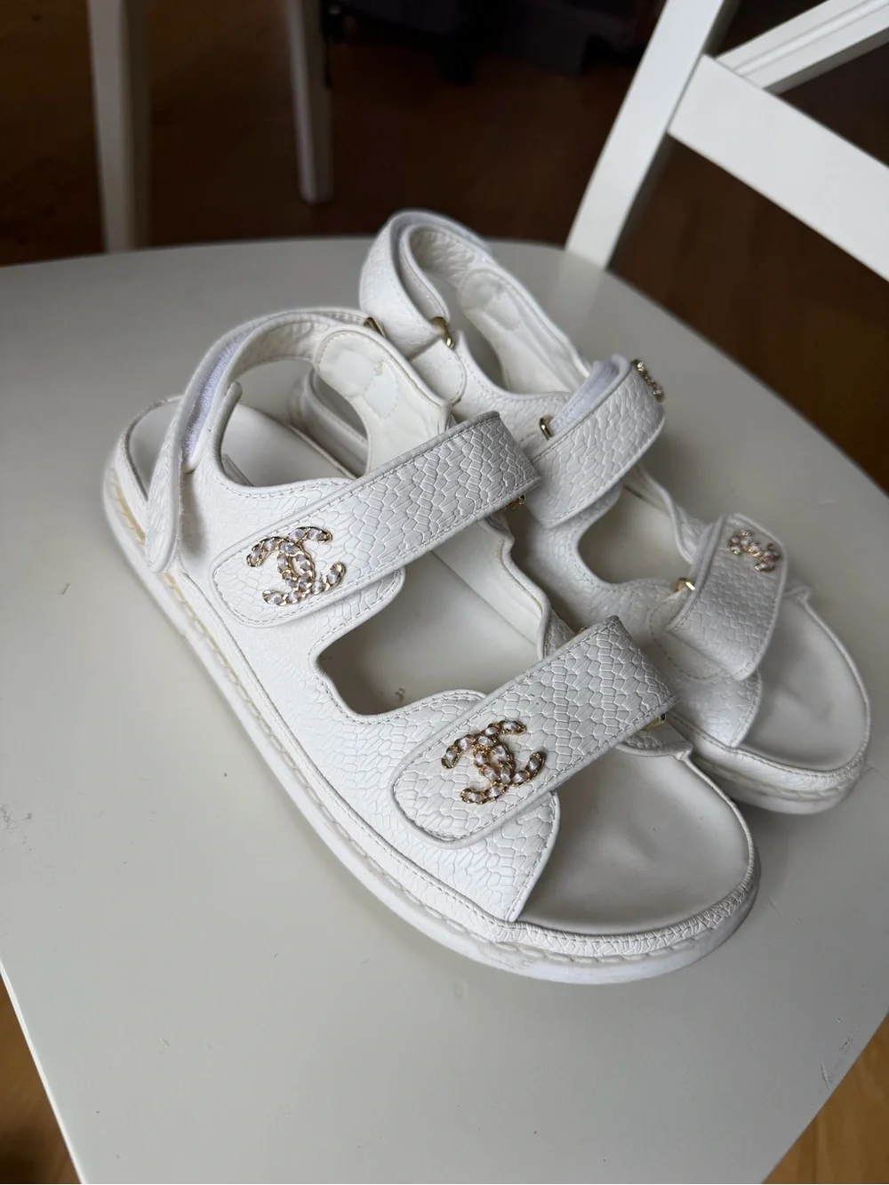 CHANEL White Quilted Logo Double-Strap Sandals